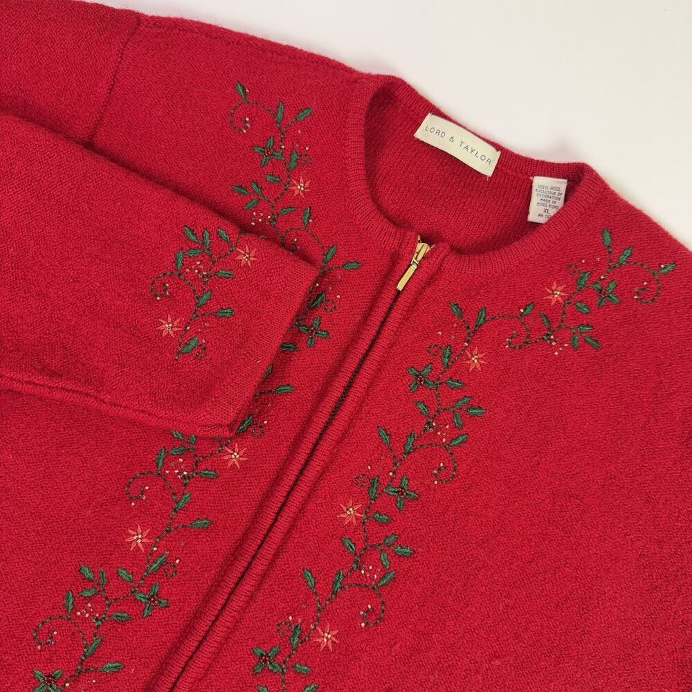 Vintage Lord & Taylor Wool Christmas Cardigan Beaded Embroidered Holly Womens XL